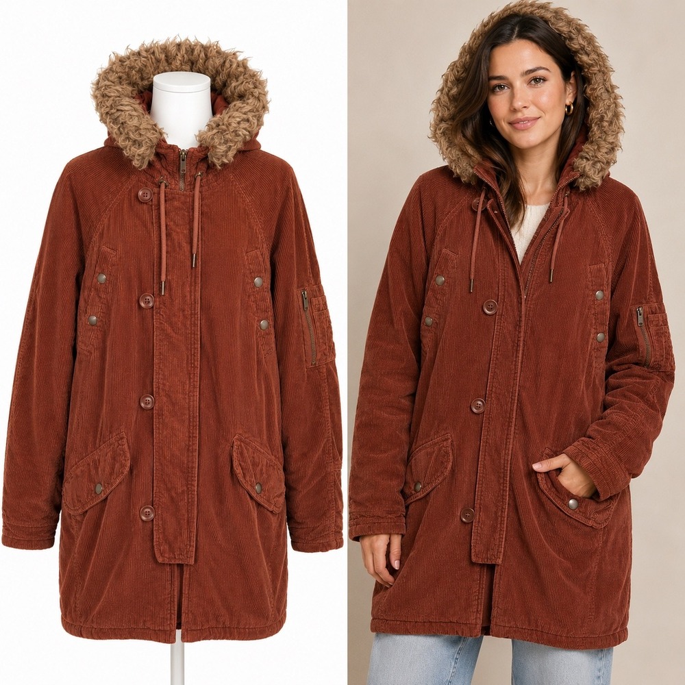 American Eagle Parka Jacket Womens XS Brown Corduroy Faux Fur Hood Utility Coat